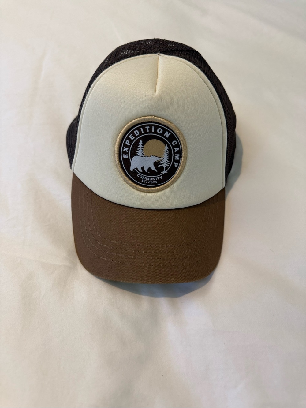 Zara Cream Front Brown Brim Trucker Hat with Expedition Patch